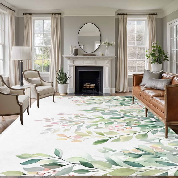 Non-Slip Rug Pad Rugs Sage Green Leaf Spring Plant Rectangle Area Rugs 9x12Ft Soft Carpet Pads for Living Room Kids Room, Fallen Leaves on White