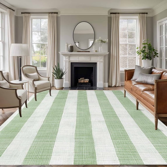 Non-Slip Rug Pad Rugs Sage Green Linen Striped Rectangle Area Rugs 5x7Ft Soft Carpet Pads for Living Room Kids Room, Vintage Farmhouse