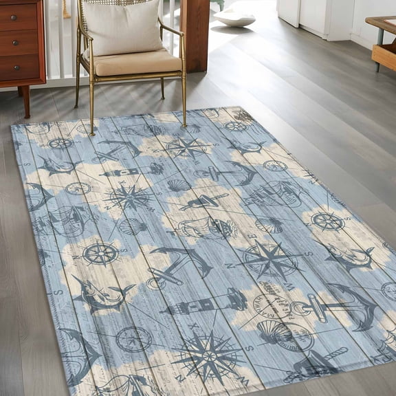 Non-Slip Rug Pad Rugs Sailing Compass Anchor Lighthouse Rectangle Area Rugs 4x6Ft Soft Carpet Pads for Living Room Kids Room, Map Fish on Wood Board