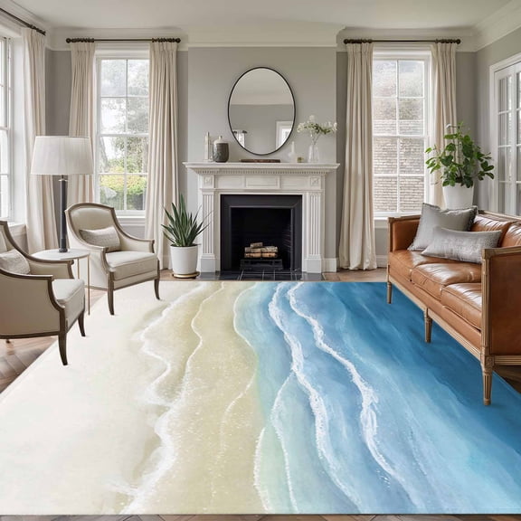 Non-Slip Rug Pad Rugs Sandy Beach Oceans Waves Rectangle Area Rugs 5x7Ft Soft Carpet Pads for Living Room Kids Room, Blue Brown Gradient