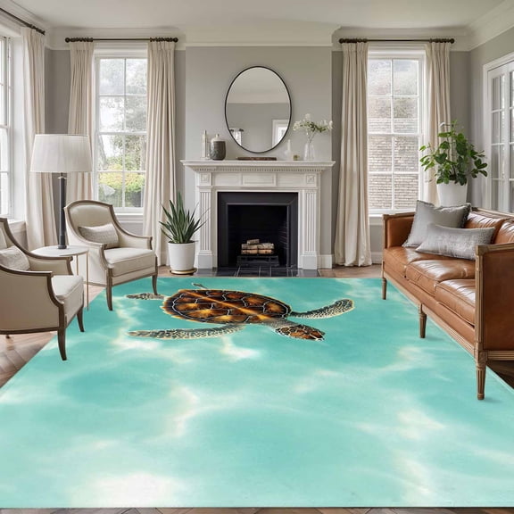 Non-Slip Rug Pad Rugs Sea Turtle Baby Swimming In Water Rectangle Area Rugs 5x7Ft Soft Carpet Pads for Living Room Kids Room, Blue Green Ocean
