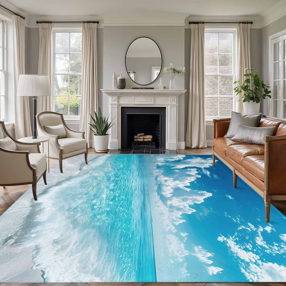 Non-Slip Rug Pad Rugs Sea Wave Blue Sky White Clouds Rectangle Area Rugs 5x7Ft Soft Carpet Pads for Living Room Kids Room, Summer Beach Theme