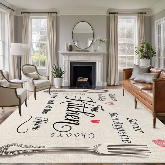 Non-Slip Rug Pad Rugs Spoon Fork Vintage Farmhouse Rectangle Area Rugs 5x7Ft Soft Carpet Pads for Living Room Kids Room, Abstract Love Retro Linen