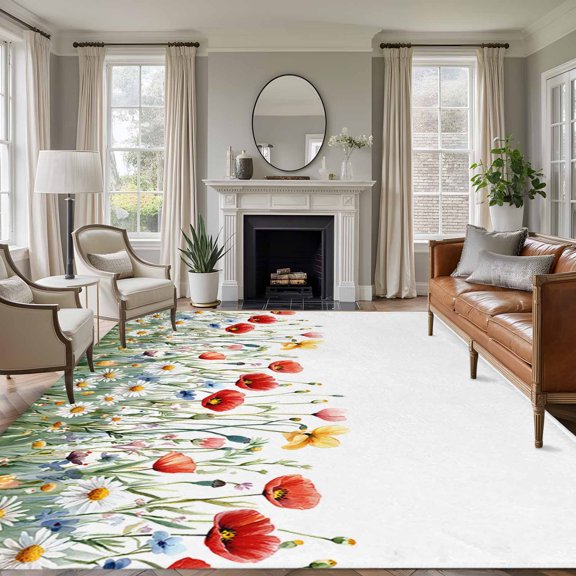 Non-Slip Rug Pad Rugs Spring Colorful Wild Flowers Rectangle Area Rugs 9x12Ft Soft Carpet Pads for Living Room Kids Room, Pastoral Watercolor Daisy Bud