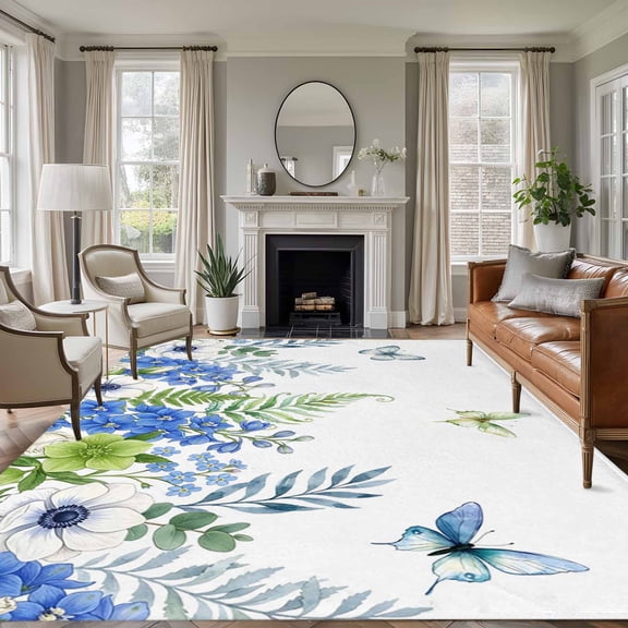 Non-Slip Rug Pad Rugs Spring Flower Leaf Butterfly Rectangle Area Rugs 5x7Ft Soft Carpet Pads for Living Room Kids Room, Pastoral Plant Blue Green