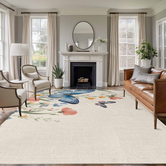 Non-Slip Rug Pad Rugs Spring Flowers Butterfly on Linen Rectangle Area Rugs 5x7Ft Soft Carpet Pads for Living Room Kids Room, Vintage Floral Art