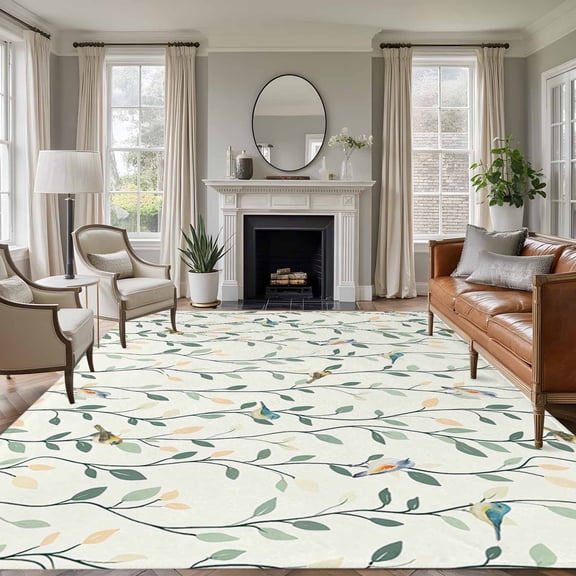 Non-Slip Rug Pad Rugs Spring Green Leaf Vine Bird Rectangle Area Rugs 5x7Ft Soft Carpet Pads for Living Room Kids Room, Country Plant