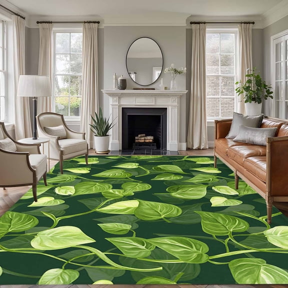 Non-Slip Rug Pad Rugs Spring Green Leaves Seamless Rectangle Area Rugs 9x12Ft Soft Carpet Pads for Living Room Kids Room, Pastoral Watercolor Foliage