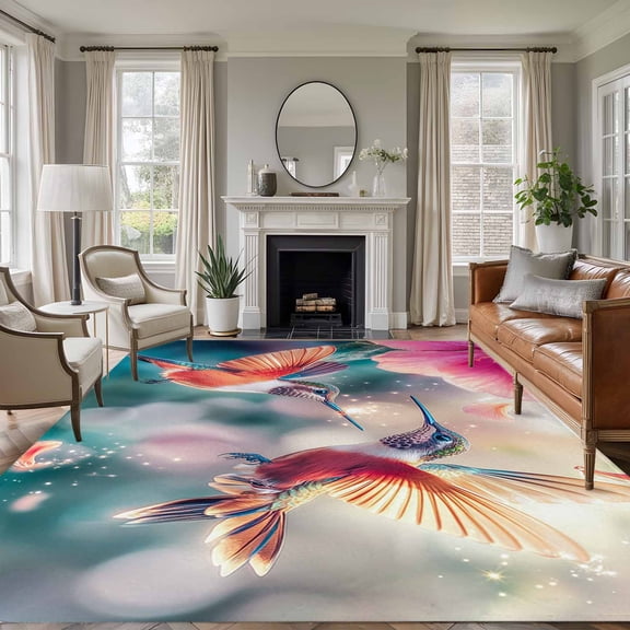 Non-Slip Rug Pad Rugs Spring Hummingbird Pink Petals Flowers Rectangle Area Rugs 5x7Ft Soft Carpet Pads for Living Room Kids Room, Dreamlike Animal Focus Scenery