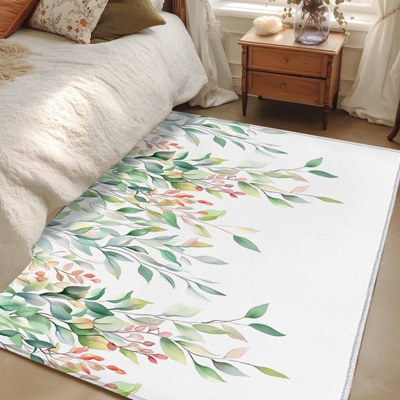 Non-Slip Rug Pad Rugs Spring Leaves Sage Green Watercolor Rectangle Area Rugs 3x5Ft Soft Carpet Pads for Living Room Kids Room, Country Foliage on White