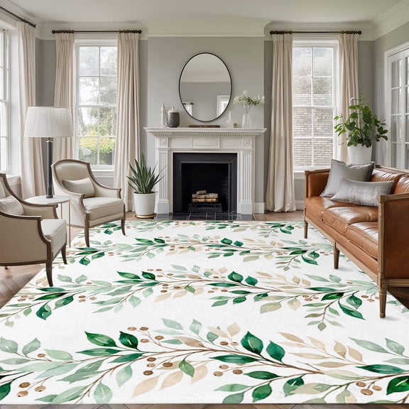 Non-Slip Rug Pad Rugs Spring Leaves Tree Branch Berry Rectangle Area Rugs 5x7Ft Soft Carpet Pads for Living Room Kids Room, Watercolor Plant on White