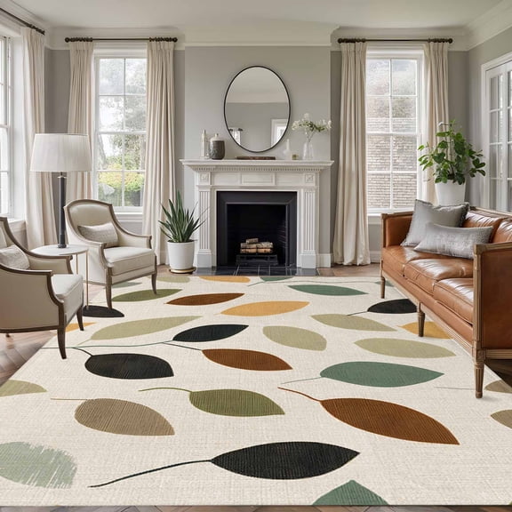 Non-Slip Rug Pad Rugs Spring Pastoral Colorful Leaves on Linen Rectangle Area Rugs 9x12Ft Soft Carpet Pads for Living Room Kids Room, Spring Leaf