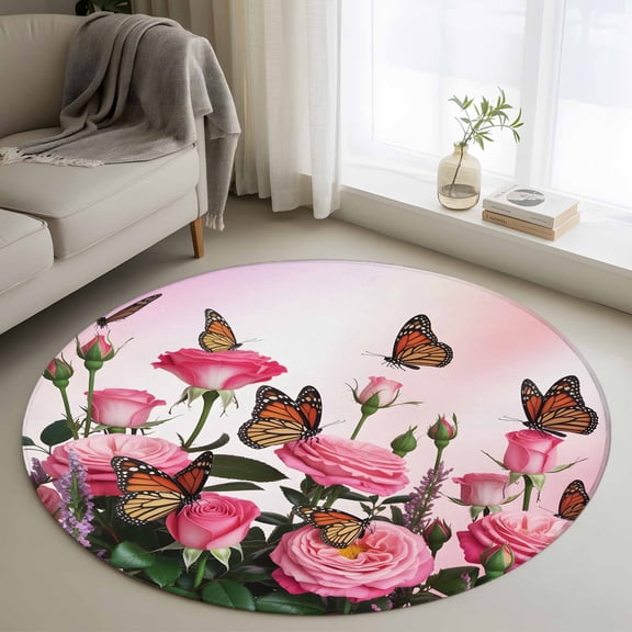Non-Slip Rug Pad Rugs Spring Pink Flower Butterfly Round Area Rugs 3.3Ft Soft Carpet Pads for Living Room Kids Room, Rose Green Leaves