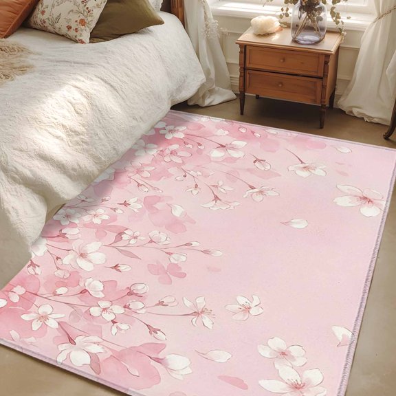 Non-Slip Rug Pad Rugs Spring Summer Pink Cherry Blossoms Rectangle Area Rugs 3x5Ft Soft Carpet Pads for Living Room Kids Room, Watercolor Plants