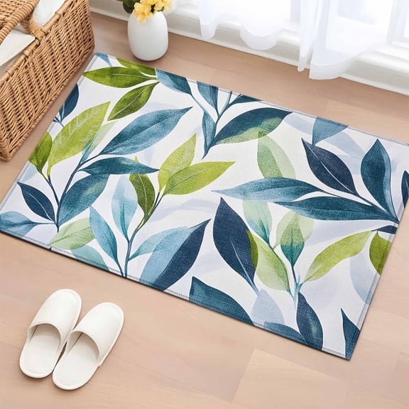 Non-Slip Rug Pad Rugs Spring Watercolor Botanical Leaves Rectangle Area Rugs 2x3Ft Soft Carpet Pads for Living Room Kids Room, Natural Blue Green Leaf