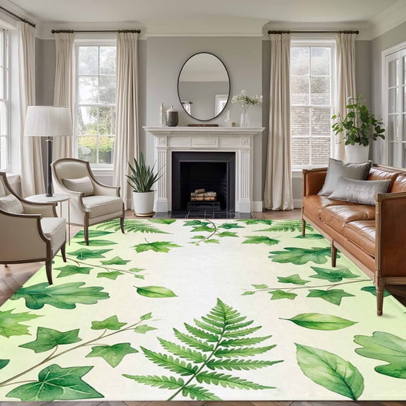 Non-Slip Rug Pad Rugs Spring Watercolor Leaves Plants Rectangle Area Rugs 5x7Ft Soft Carpet Pads for Living Room Kids Room, Rustic Green Ivy Pothos Leaf