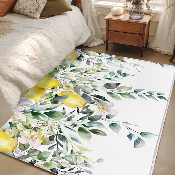 Non-Slip Rug Pad Rugs Spring Watercolor Lemon Flower Rectangle Area Rugs 3x5Ft Soft Carpet Pads for Living Room Kids Room, Green Leaves Floral on White