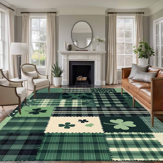 Non-Slip Rug Pad Rugs St Patrick's Day Lucky Clovers Leaf Rectangle Area Rugs 8x10Ft Soft Carpet Pads for Living Room Kids Room, Farmhouse Buffalo Plaid