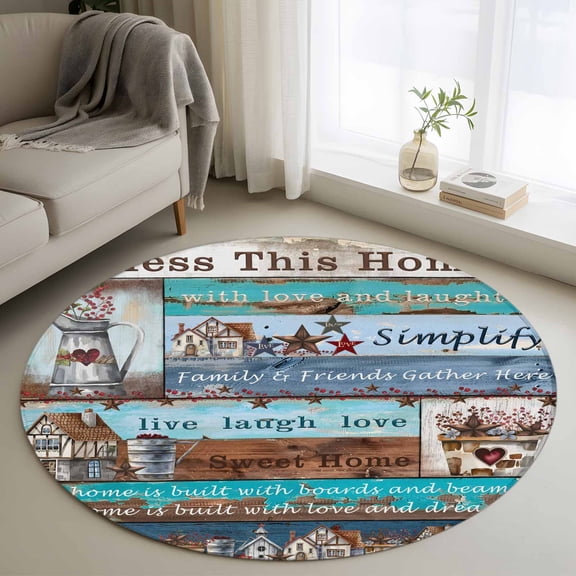 Non-Slip Rug Pad Rugs Star Bless This Home Star Round Area Rugs 3Ft Soft Carpet Pads for Living Room Kids Room, Vintage Watercolor Farm Wood Grain