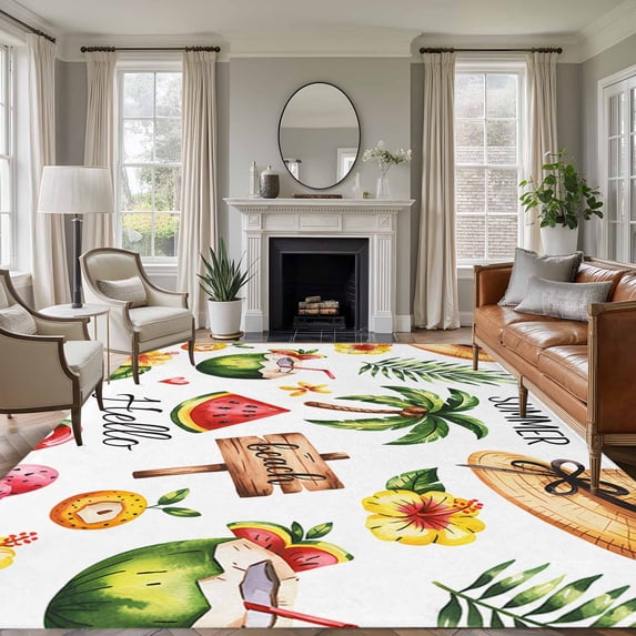 Non-Slip Rug Pad Rugs Summer Beach Coconut Tree Rectangle Area Rugs 9x12Ft Soft Carpet Pads for Living Room Kids Room, Flower Green Tropical Leaves
