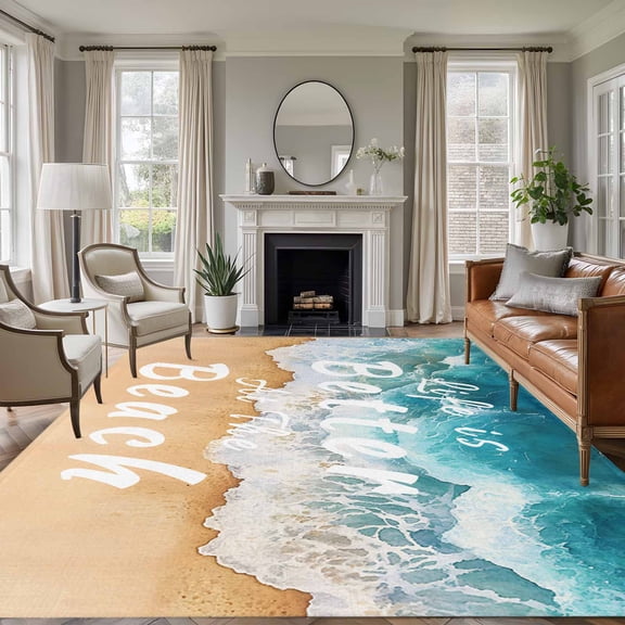 Non-Slip Rug Pad Rugs Summer Beach Ocean Wave Rectangle Area Rugs 9x12Ft Soft Carpet Pads for Living Room Kids Room, Watercolor Nautical Coastal Theme