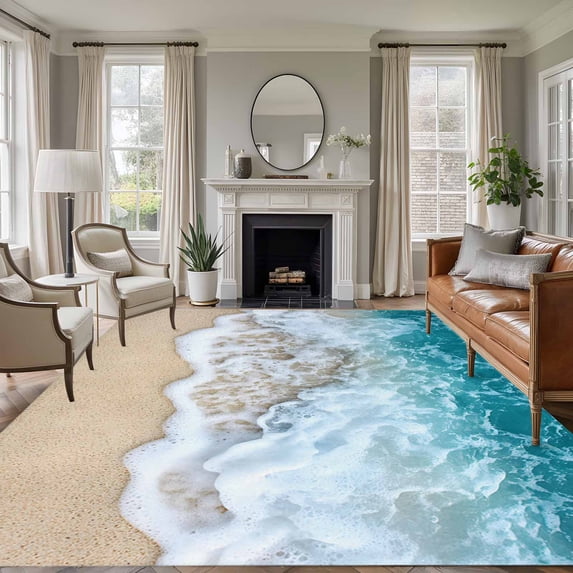 Non-Slip Rug Pad Rugs Summer Beach Teal Ocean Wave Rectangle Area Rugs 5x7Ft Soft Carpet Pads for Living Room Kids Room, Nautical Seaside Water Ripple