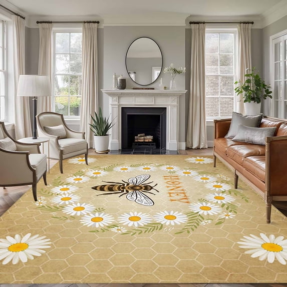 Non-Slip Rug Pad Rugs Summer Bee White Daisy Flower Rectangle Area Rugs 5x7Ft Soft Carpet Pads for Living Room Kids Room, Vintage Pastoral Floral Leaf