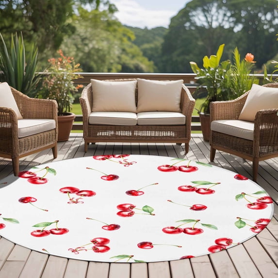 Non-Slip Rug Pad Rugs Summer Cherry Red Watercolor Round Area Rugs 7Ft Soft Carpet Pads for Living Room Kids Room, Farm Fruit Harvest