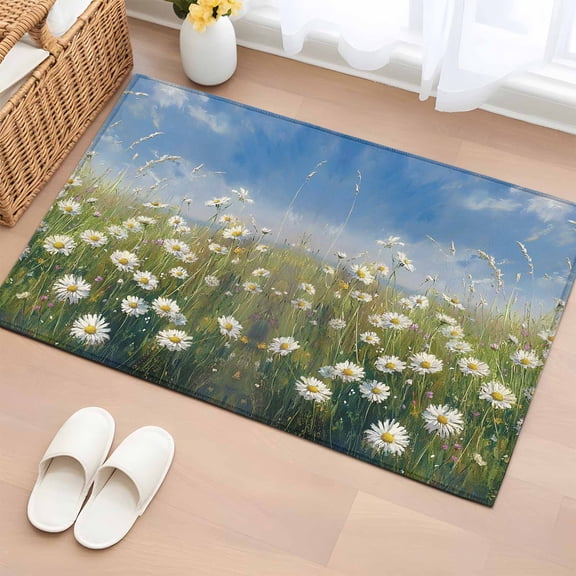 Non-Slip Rug Pad Rugs Summer Daisy Flower Grass Rectangle Area Rugs 2x3Ft Soft Carpet Pads for Living Room Kids Room, Blue Sky Oil Painting Style