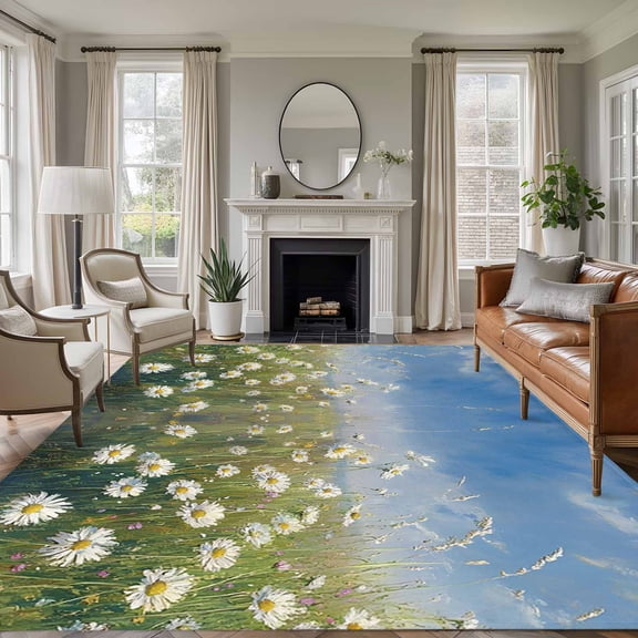 Non-Slip Rug Pad Rugs Summer Daisy Flower Grass Rectangle Area Rugs 5x7Ft Soft Carpet Pads for Living Room Kids Room, Blue Sky Oil Painting Style