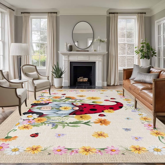 Non-Slip Rug Pad Rugs Summer Daisy Flower Ladybug Gnome Rectangle Area Rugs 9x12Ft Soft Carpet Pads for Living Room Kids Room, Green Leaves Watercolor Floral