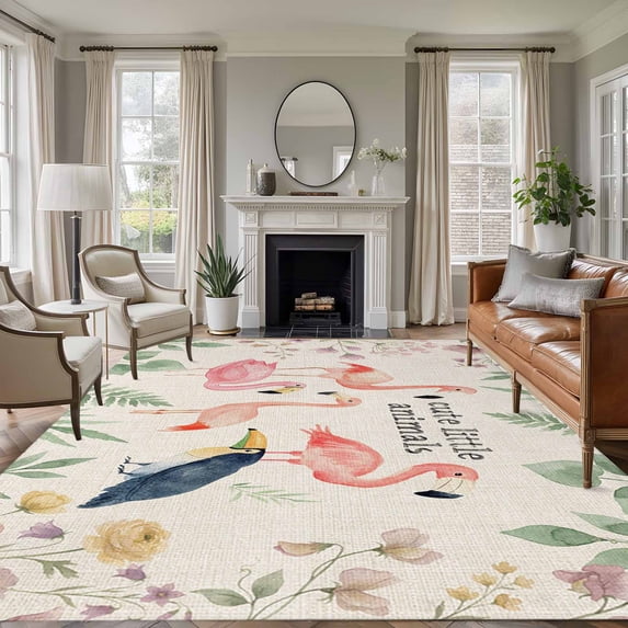 Non-Slip Rug Pad Rugs Summer Flamingo Flower Leaf Rectangle Area Rugs 5x7Ft Soft Carpet Pads for Living Room Kids Room, Vintage Linen Tropical Botanical