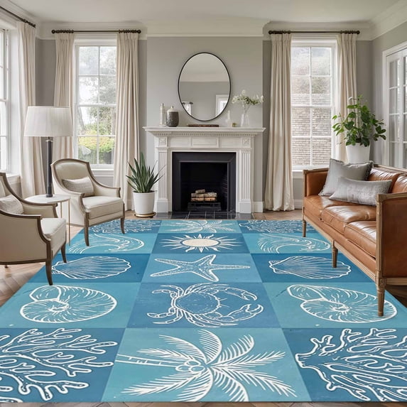Non-Slip Rug Pad Rugs Summer Ocean Palm Tree Carb Rectangle Area Rugs 5x7Ft Soft Carpet Pads for Living Room Kids Room, Conch Shell on Blue Plaid