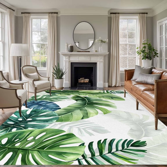 Non-Slip Rug Pad Rugs Summer Rustic Green Palm Leaf Rectangle Area Rugs 5x7Ft Soft Carpet Pads for Living Room Kids Room, Watercolor Tropical Plant