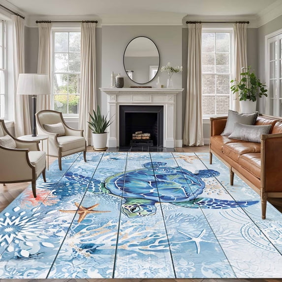 Non-Slip Rug Pad Rugs Summer Sea Turtle Ocean Coral Starfish Rectangle Area Rugs 5x7Ft Soft Carpet Pads for Living Room Kids Room, Blue Wood Grain