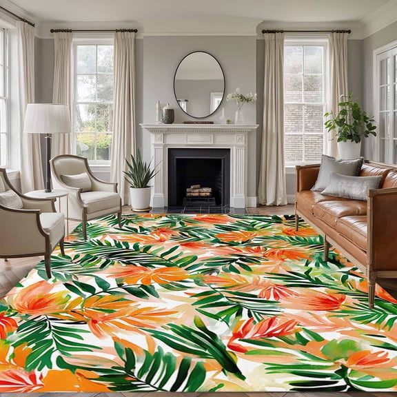 Non-Slip Rug Pad Rugs Summer Watercolor Palm Leaves Rectangle Area Rugs 8x10Ft Soft Carpet Pads for Living Room Kids Room, Tropical Rustic Leaf Plants
