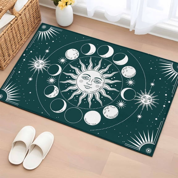 Non-Slip Rug Pad Rugs Sun Moon on Green Background Rectangle Area Rugs 2x3Ft Soft Carpet Pads for Living Room Kids Room, Starry Sky Scenery