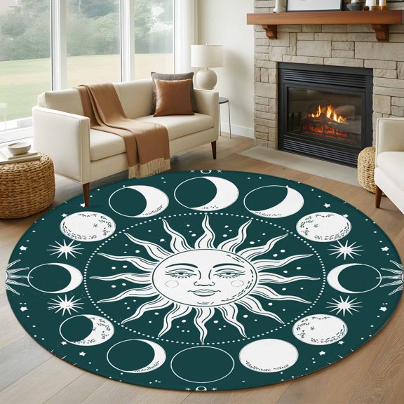 Non-Slip Rug Pad Rugs Sun Moon on Green Background Round Area Rugs 8Ft Soft Carpet Pads for Living Room Kids Room, Starry Sky Scenery
