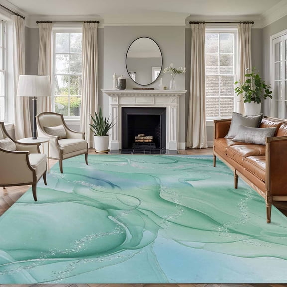 Non-Slip Rug Pad Rugs Teal Abstract Marble Texture Rectangle Area Rugs 5x7Ft Soft Carpet Pads for Living Room Kids Room, Nature Stone Agate