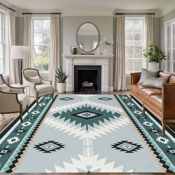Non-Slip Rug Pad Rugs Teal Aztec Tribal Style Rectangle Area Rugs 5x7Ft Soft Carpet Pads for Living Room Kids Room, Ethnic Southwest Native Pattern