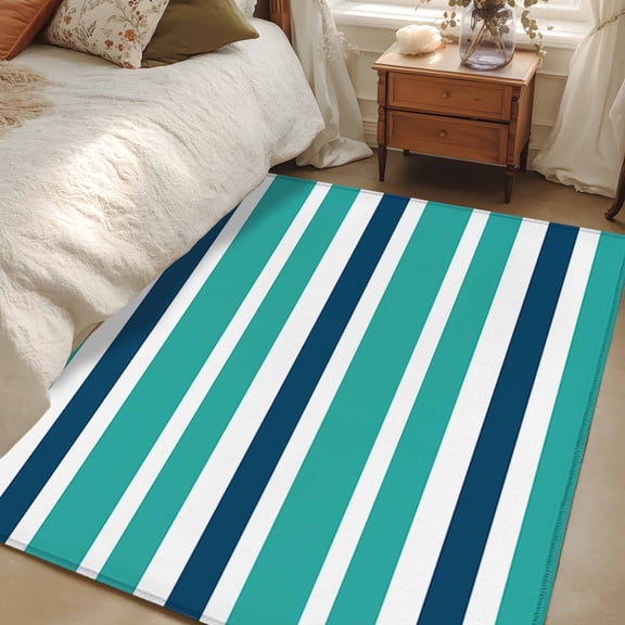 Non-Slip Rug Pad Rugs Teal White Blue Stripes Rectangle Area Rugs 3x5Ft Soft Carpet Pads for Living Room Kids Room, Nautical Army Style