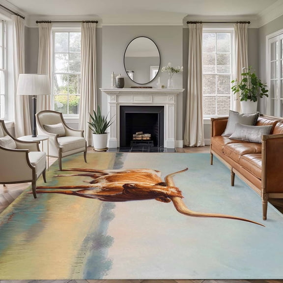 Non-Slip Rug Pad Rugs Texas Longhorn Grass Sunset Rectangle Area Rugs 5x7Ft Soft Carpet Pads for Living Room Kids Room, Farmhouse Natural Landscape