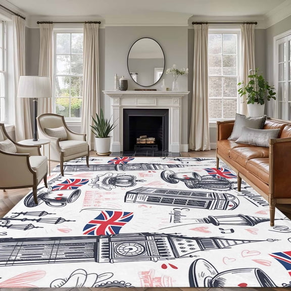Non-Slip Rug Pad Rugs UK Flags London Crown Rectangle Area Rugs 5x7Ft Soft Carpet Pads for Living Room Kids Room, Abstract Coffee Red Love