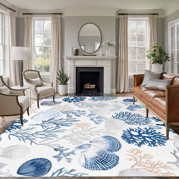 Non-Slip Rug Pad Rugs Vintage Blue Ocean Coral Shell on White Rectangle Area Rugs 9x12Ft Soft Carpet Pads for Living Room Kids Room, Underwater World