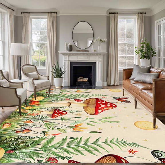 Non-Slip Rug Pad Rugs Vintage Mushroom Grass Moon Star Rectangle Area Rugs 6x9Ft Soft Carpet Pads for Living Room Kids Room, Watercolor Plant Butterfly