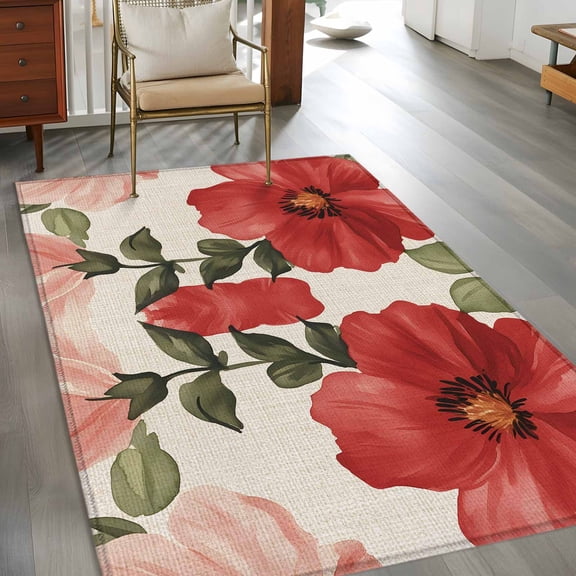 Non-Slip Rug Pad Rugs Vintage Watercolor Wild Flowers Rectangle Area Rugs 4x6Ft Soft Carpet Pads for Living Room Kids Room, Farm Floral Linen Backdrop