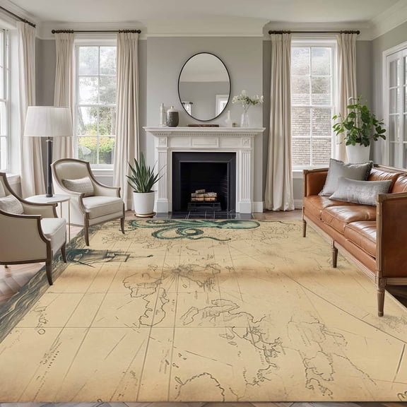 Non-Slip Rug Pad Rugs Vintage World Map Ocean Octopus Rectangle Area Rugs 6x9Ft Soft Carpet Pads for Living Room Kids Room, Nautical Sailing Boat Brown