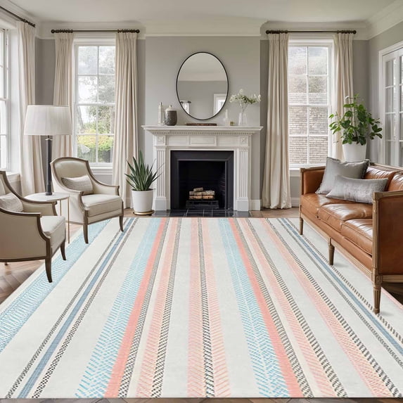 Non-Slip Rug Pad Rugs Watercolor Blue Pink Striped Rectangle Area Rugs 5x7Ft Soft Carpet Pads for Living Room Kids Room, Retro Lines