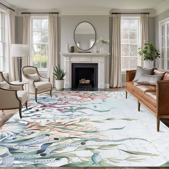 Non-Slip Rug Pad Rugs Watercolor Coral Fish Shell on Blue Letter Rectangle Area Rugs 9x12Ft Soft Carpet Pads for Living Room Kids Room, Marine Life