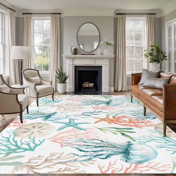 Non-Slip Rug Pad Rugs Watercolor Jellyfish Starfish Coral Rectangle Area Rugs 5x7Ft Soft Carpet Pads for Living Room Kids Room, Ocean Coral Marine Life